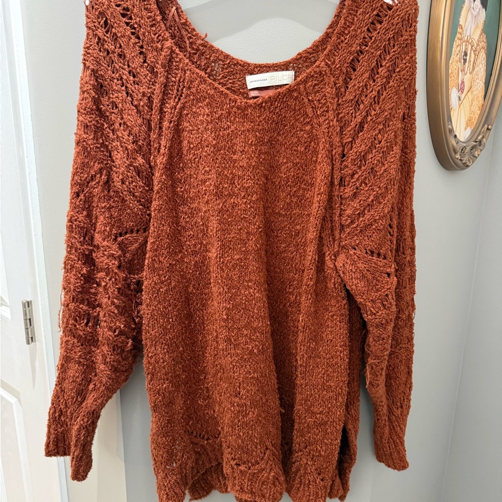 Anthropologie Pilcro Luna Pointelle Tunic Rust Off-Shoulder Sweater-Lg - Picture 5 of 9